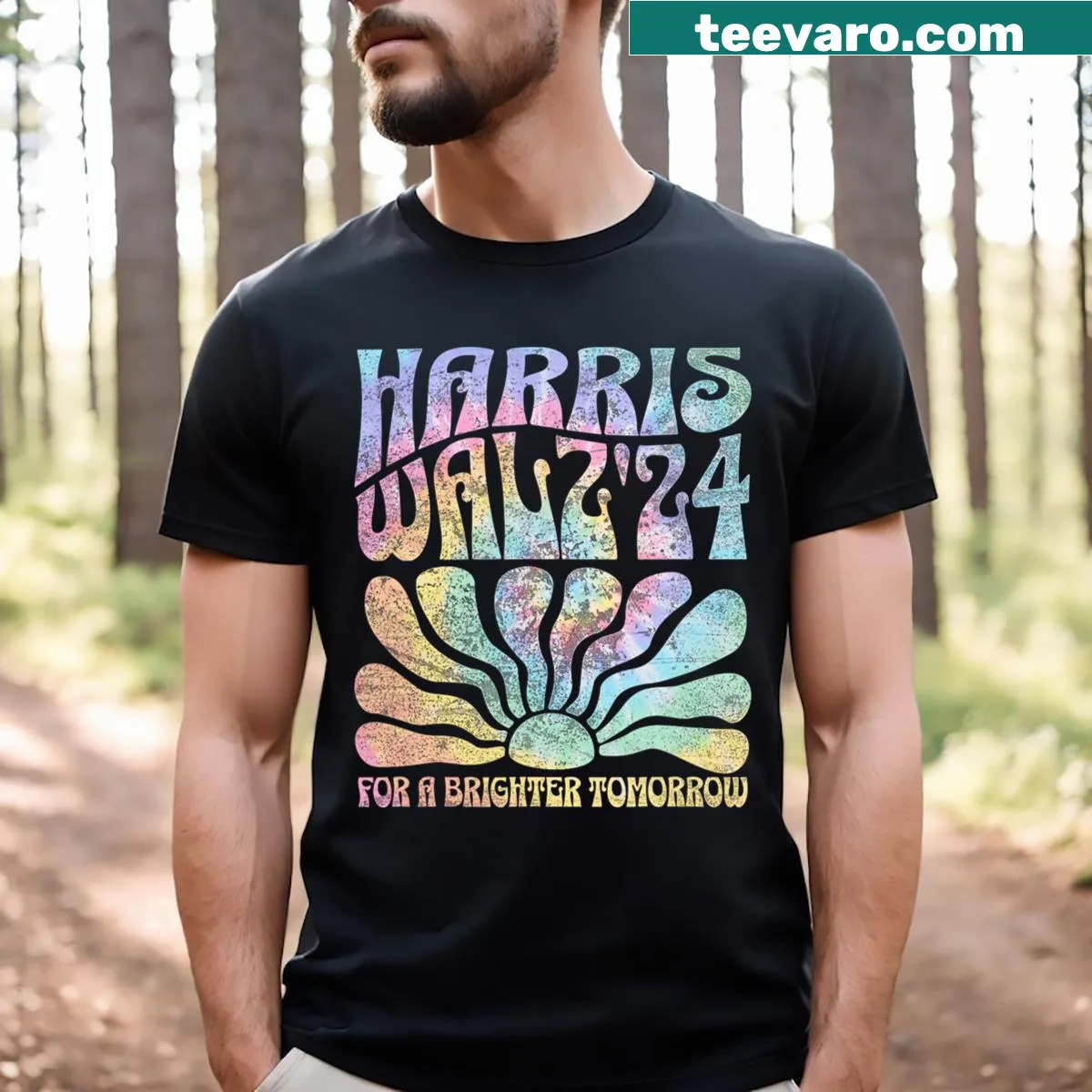 Tie-dye shirt featuring Kamala Waltz 2024 graphic — on a men's t-shirt