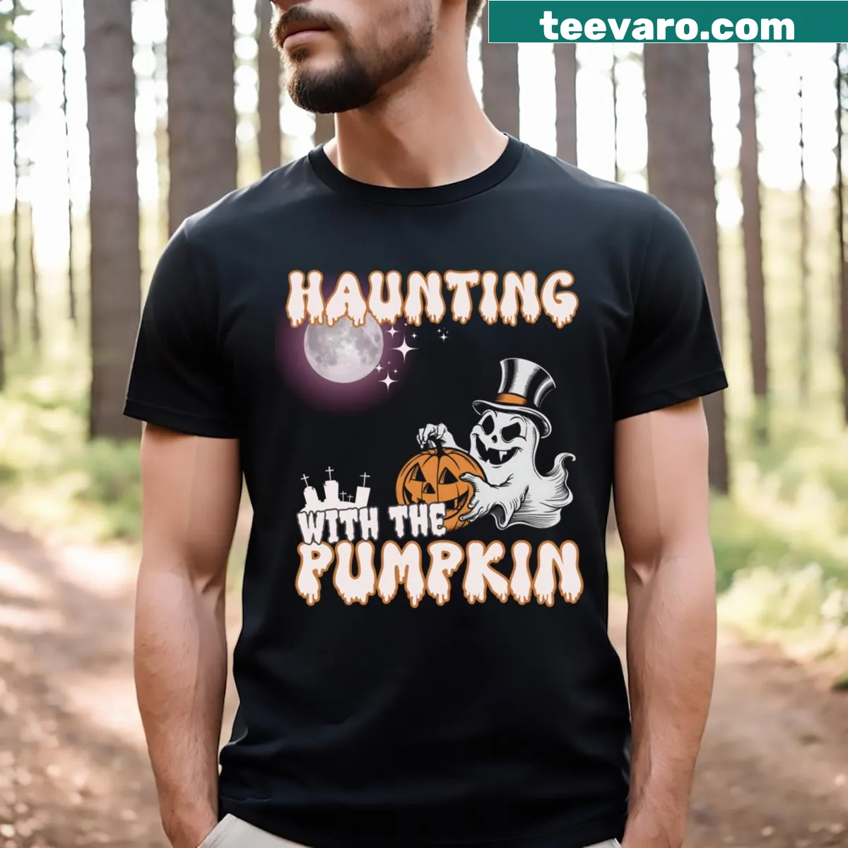 Funny Halloween ghost design with pumpkin illustration — on a men's t-shirt