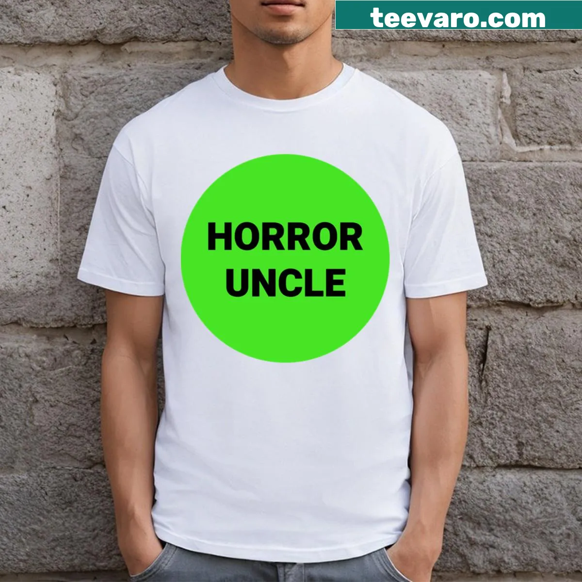 Vintage style T-shirt with 'Horror Uncle' text in a distressed design — on a men's t-shirt