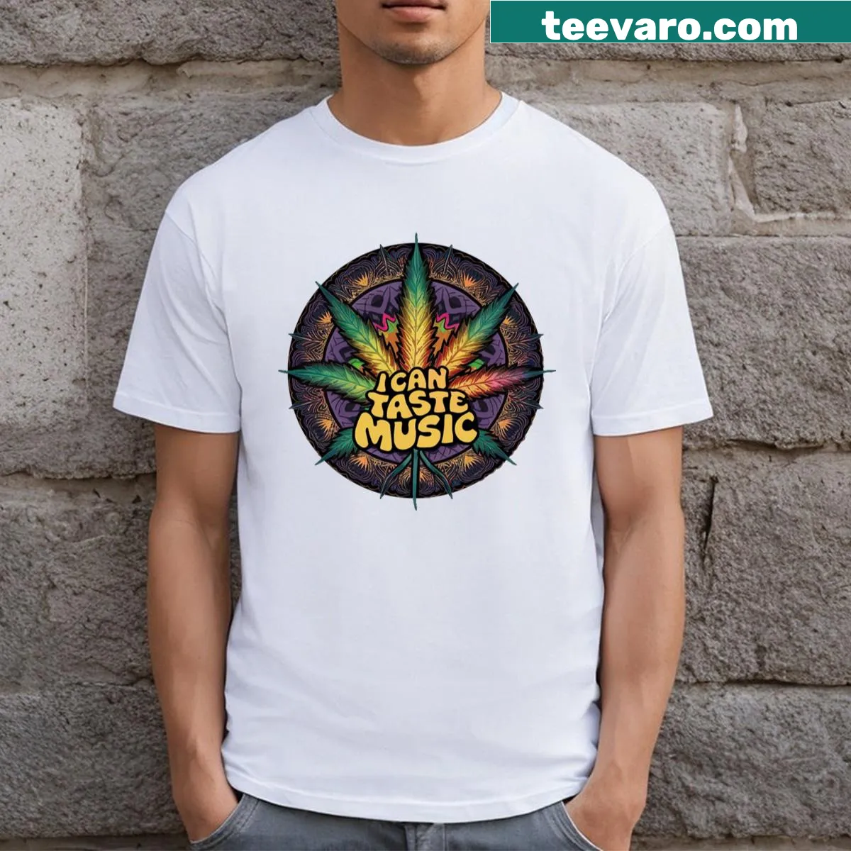 T-shirt with 'I Can Taste Music' text and marijuana leaf design — on a men's t-shirt