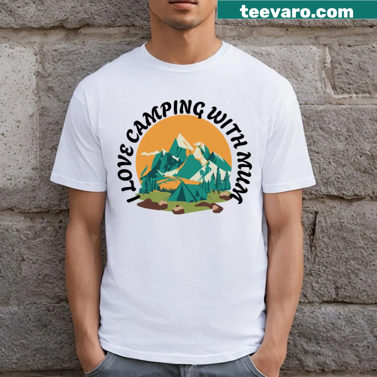 Charming t-shirt showcasing camping adventures with Mum. — on a men's t-shirt