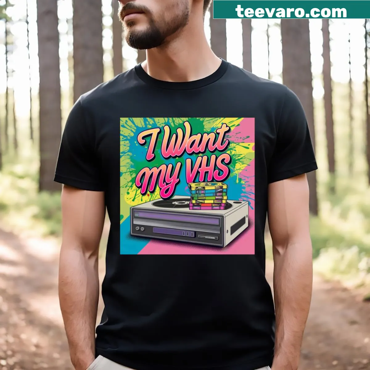 Retro-style I Want My VHS graphic tee with nostalgic text — on a men's t-shirt