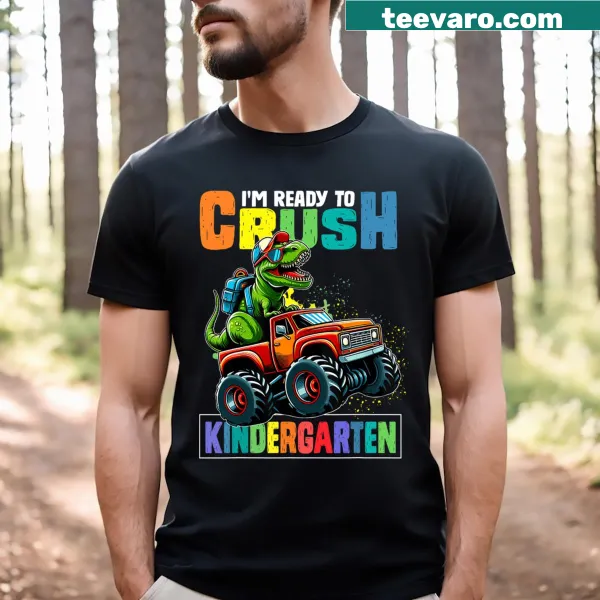 Playful T-shirt for boys featuring text about crushing kindergarten