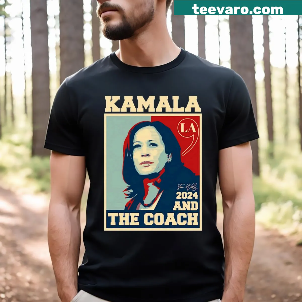 Charming T-shirt featuring Kamala Harris and the coach for 2024 — on a men's t-shirt