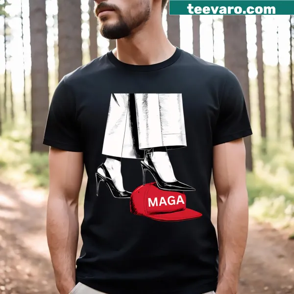T-shirt with Kamala Harris graphic of heels stepping on a MAGA hat