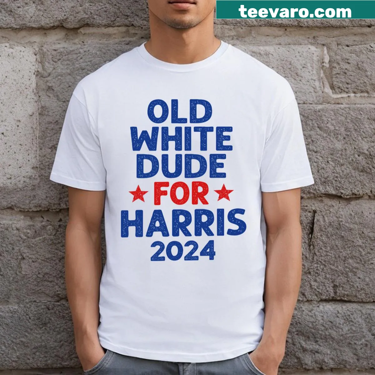 Funny T-shirt with humorous text about political support for Kamala Harris — on a men's t-shirt