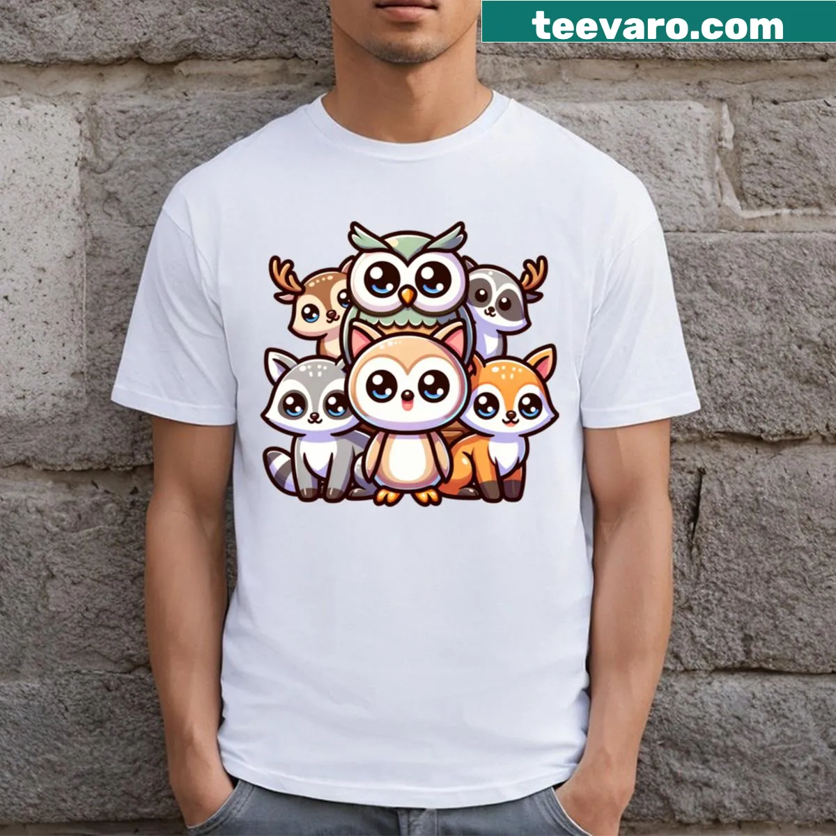 Cute cartoon T-shirt featuring owl and animal friends — on a men's t-shirt