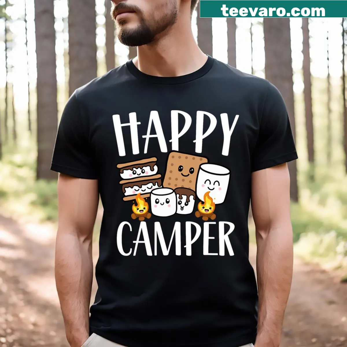 Cute camping graphic t-shirt featuring a happy smore — on a men's t-shirt