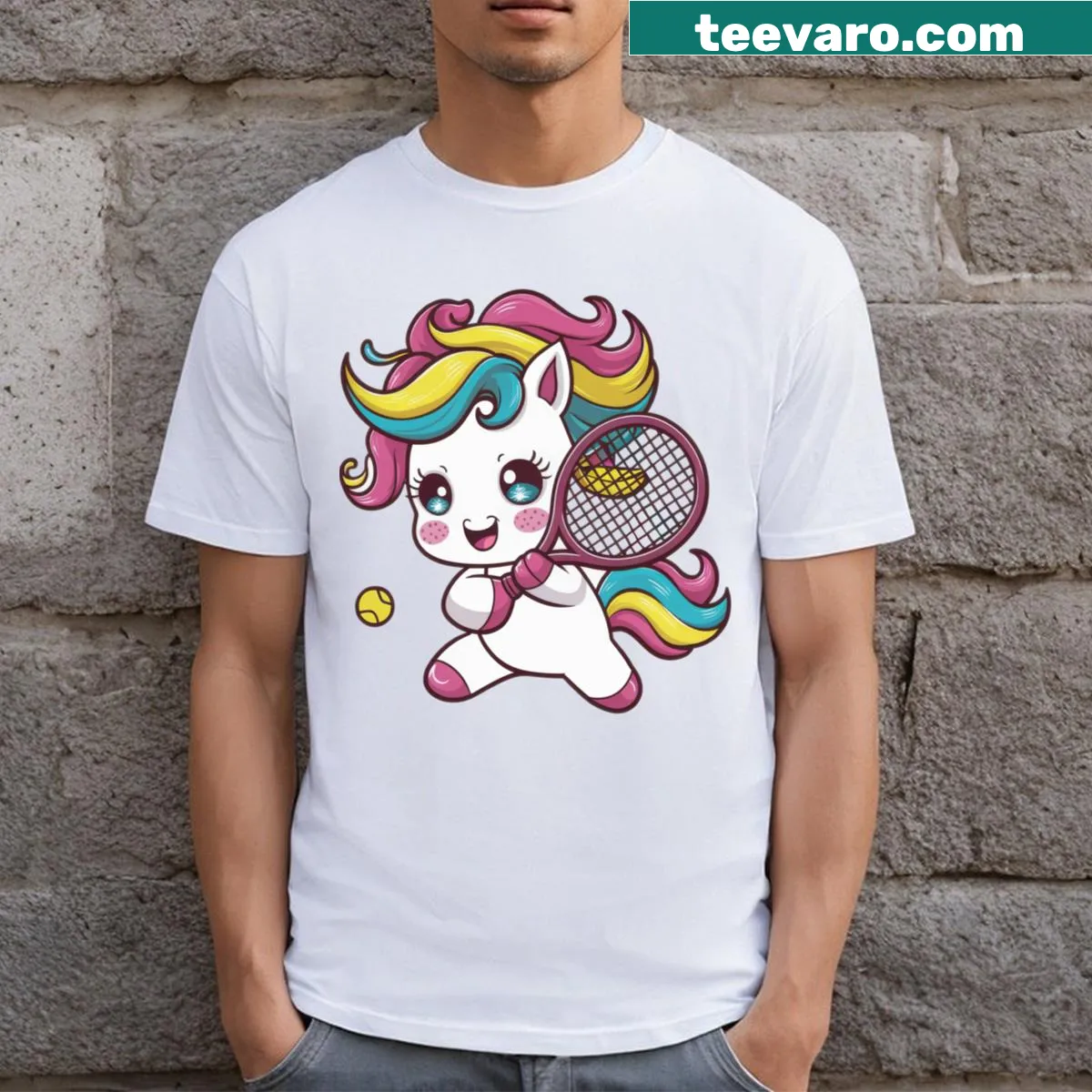 Cute unicorn tennis star graphic T-shirt — on a men's t-shirt