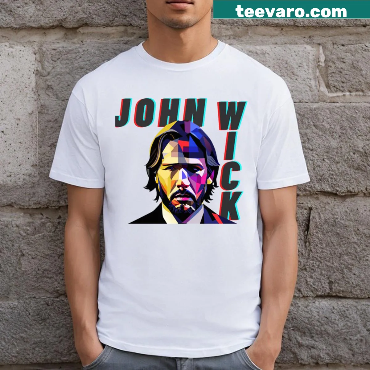Graphic t-shirt featuring Keanu Reeves as John Wick — on a men's t-shirt