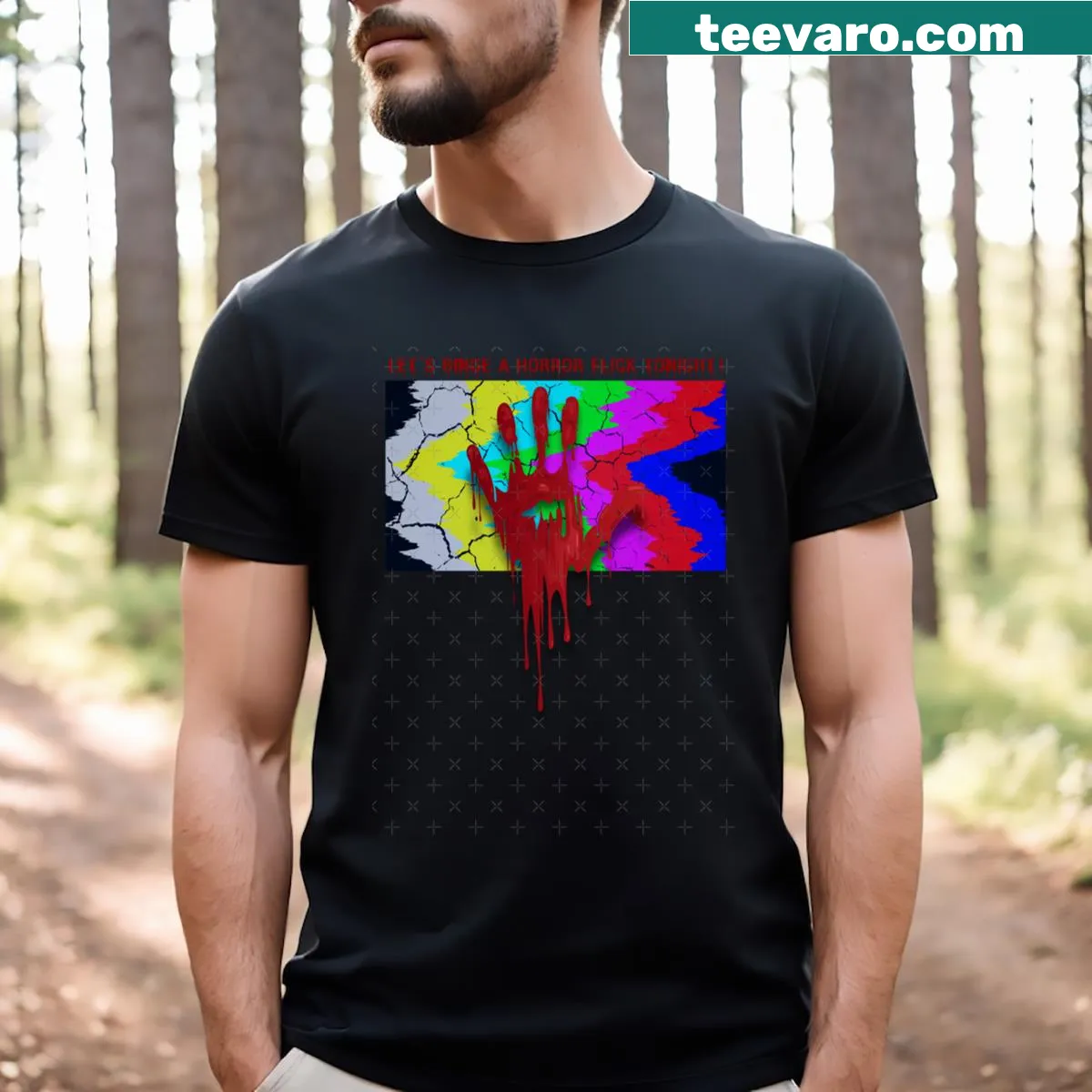 Cartoon-style t-shirt inviting to binge on horror films tonight — on a men's t-shirt