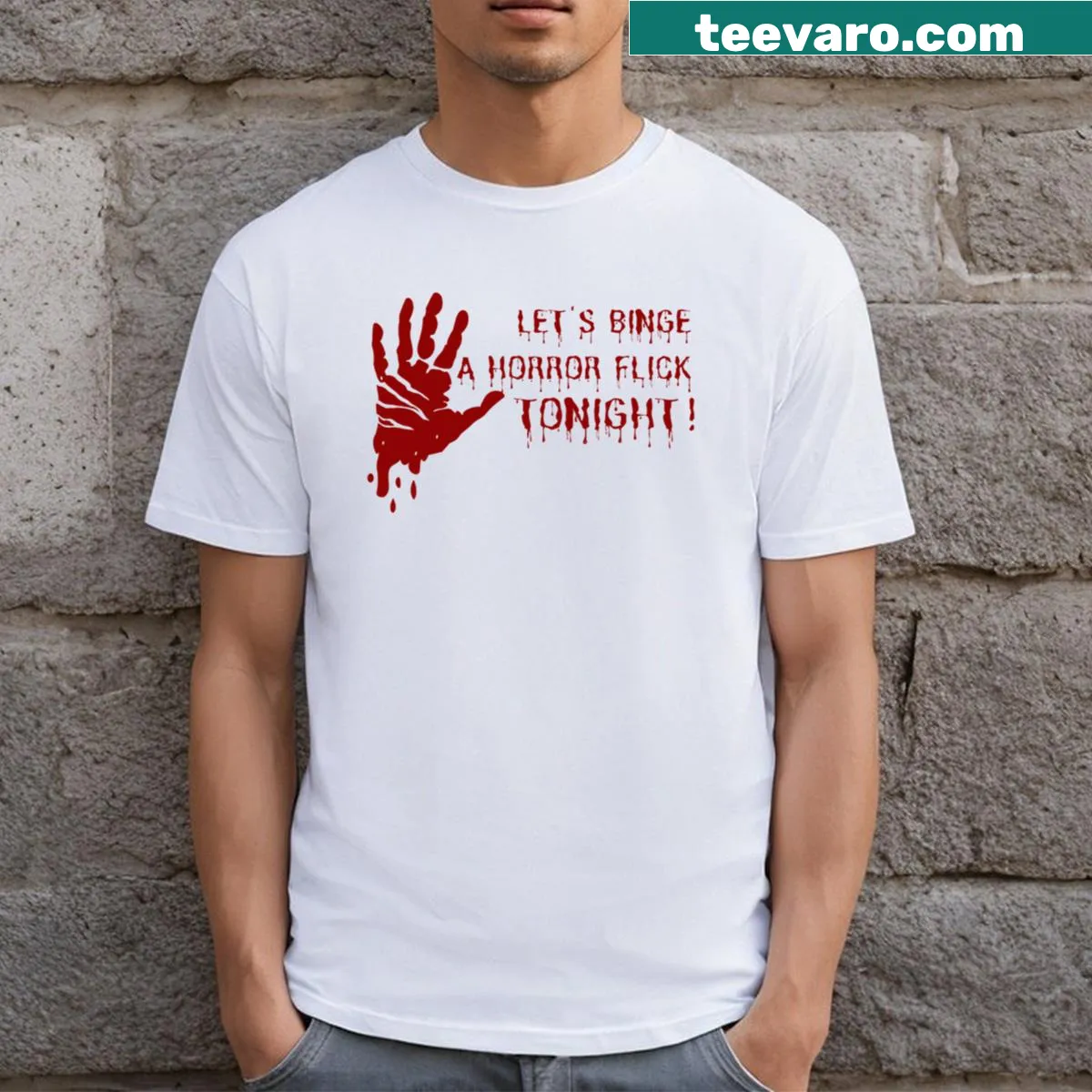 Graphic t-shirt with the text 'Lets Binge A Horror Flick Tonight!' — on a men's t-shirt