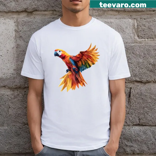 Low polygon graphic of a macaw on T-shirt