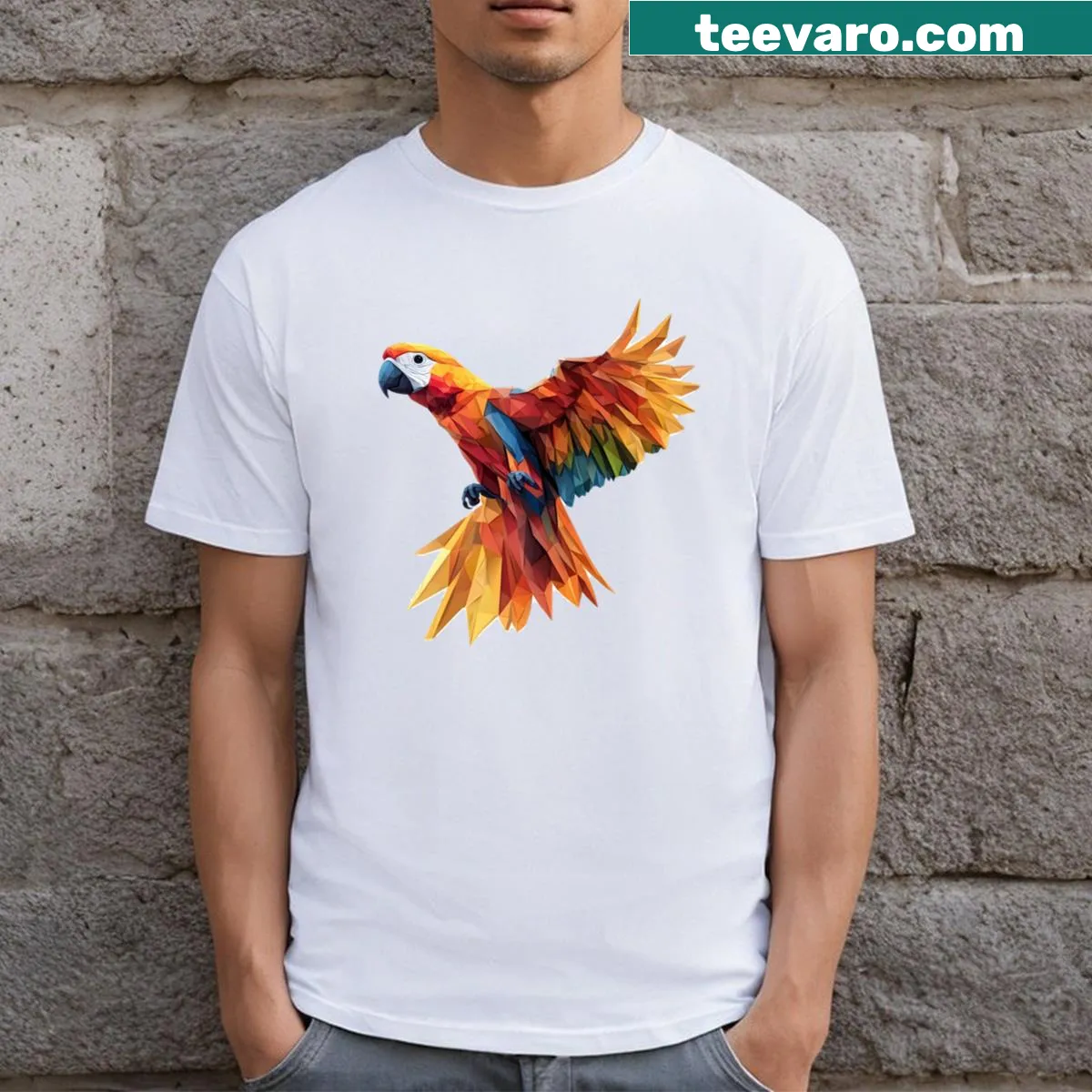 Low polygon graphic of a macaw on T-shirt — on a men's t-shirt