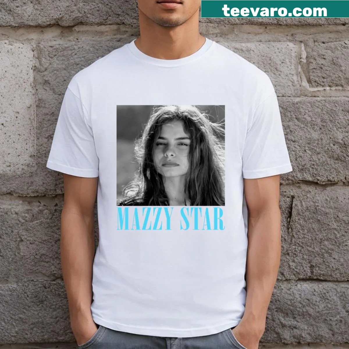 Minimalist Mazzystar T-shirt with clean typography design — on a men's t-shirt