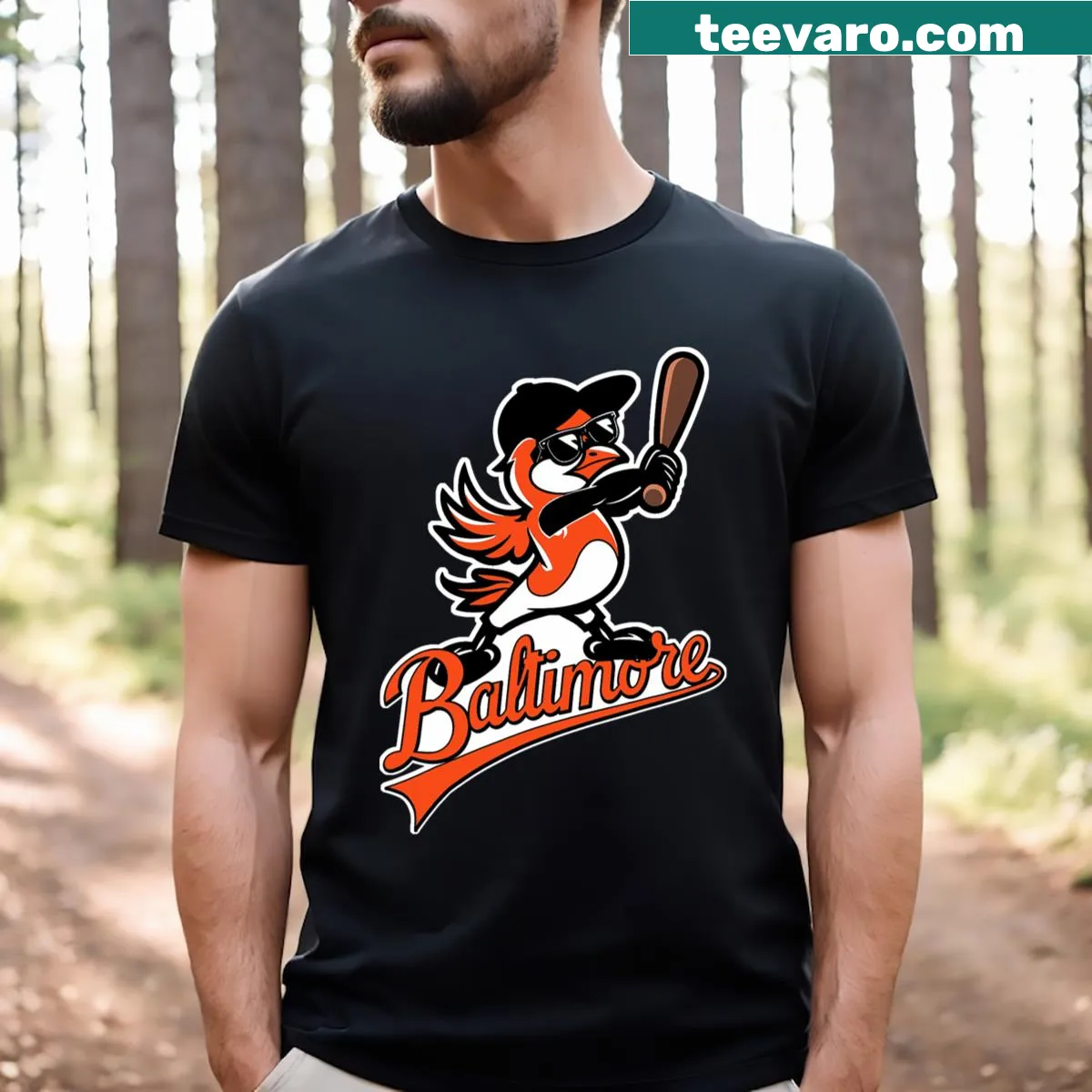 Retro Baltimore baseball t-shirt with funny bird graphic — on a men's t-shirt