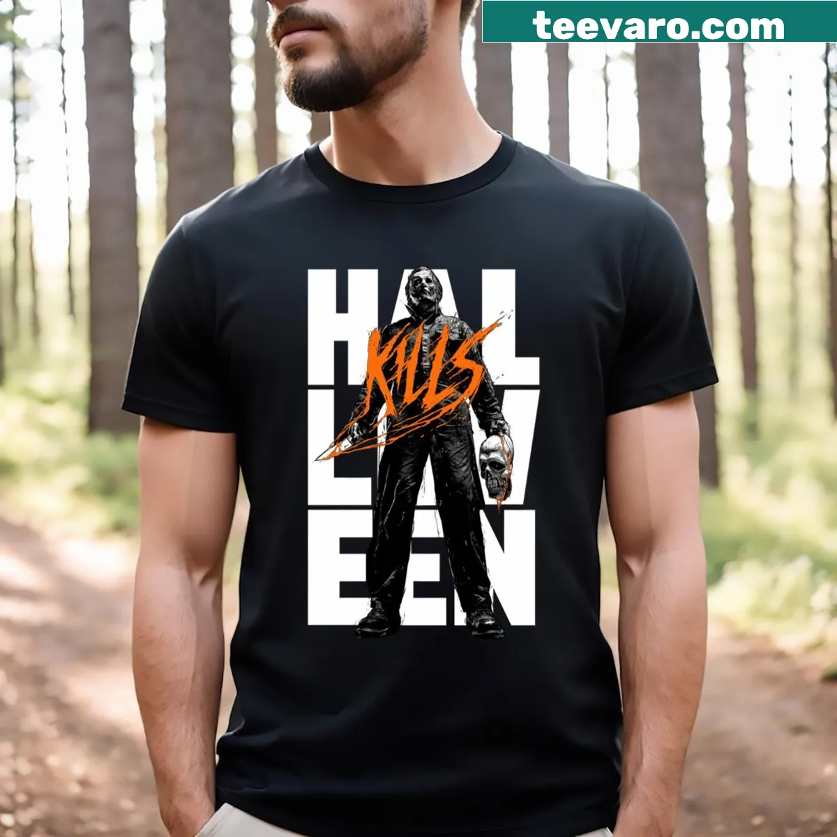 Graphic T-shirt featuring Michael Myers from Halloween Kills — on a men's t-shirt
