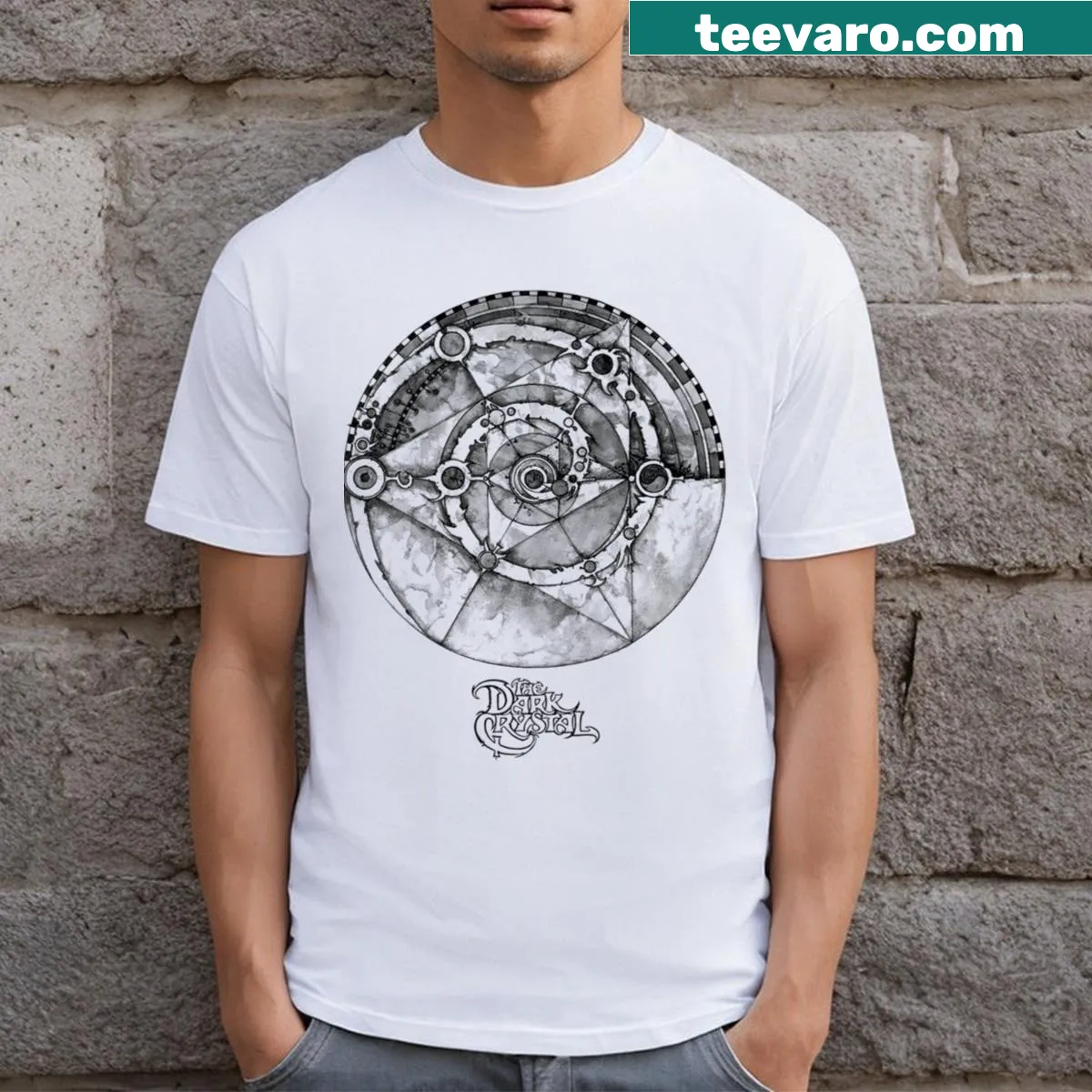 Vintage-style t-shirt with a bold dark movie logo — on a men's t-shirt