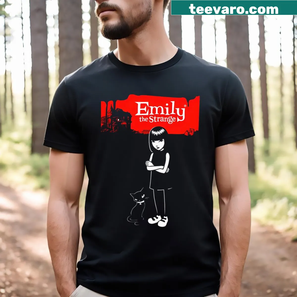 Manga-style Emily logo t-shirt with playful cartoon design. — on a men's t-shirt