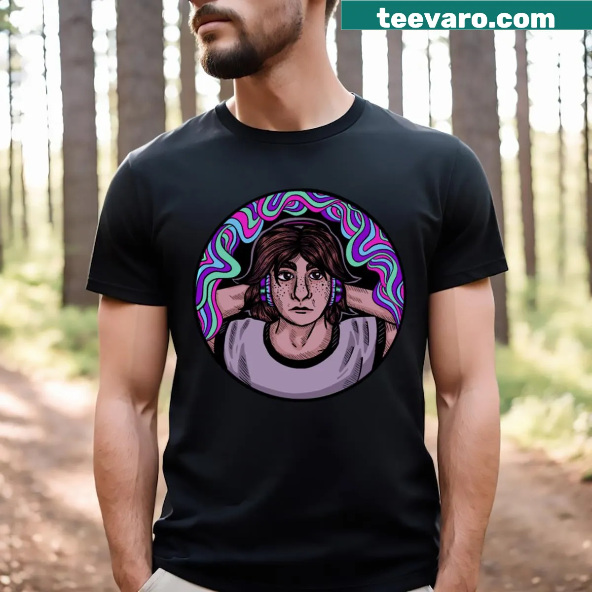 Whimsical t-shirt celebrating music at night with an enchanting design. — on a men's t-shirt