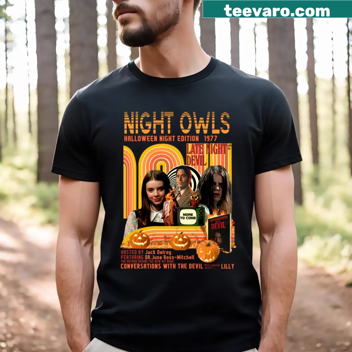 Halloween-themed T-shirt with whimsical night owl illustrations — on a men's t-shirt