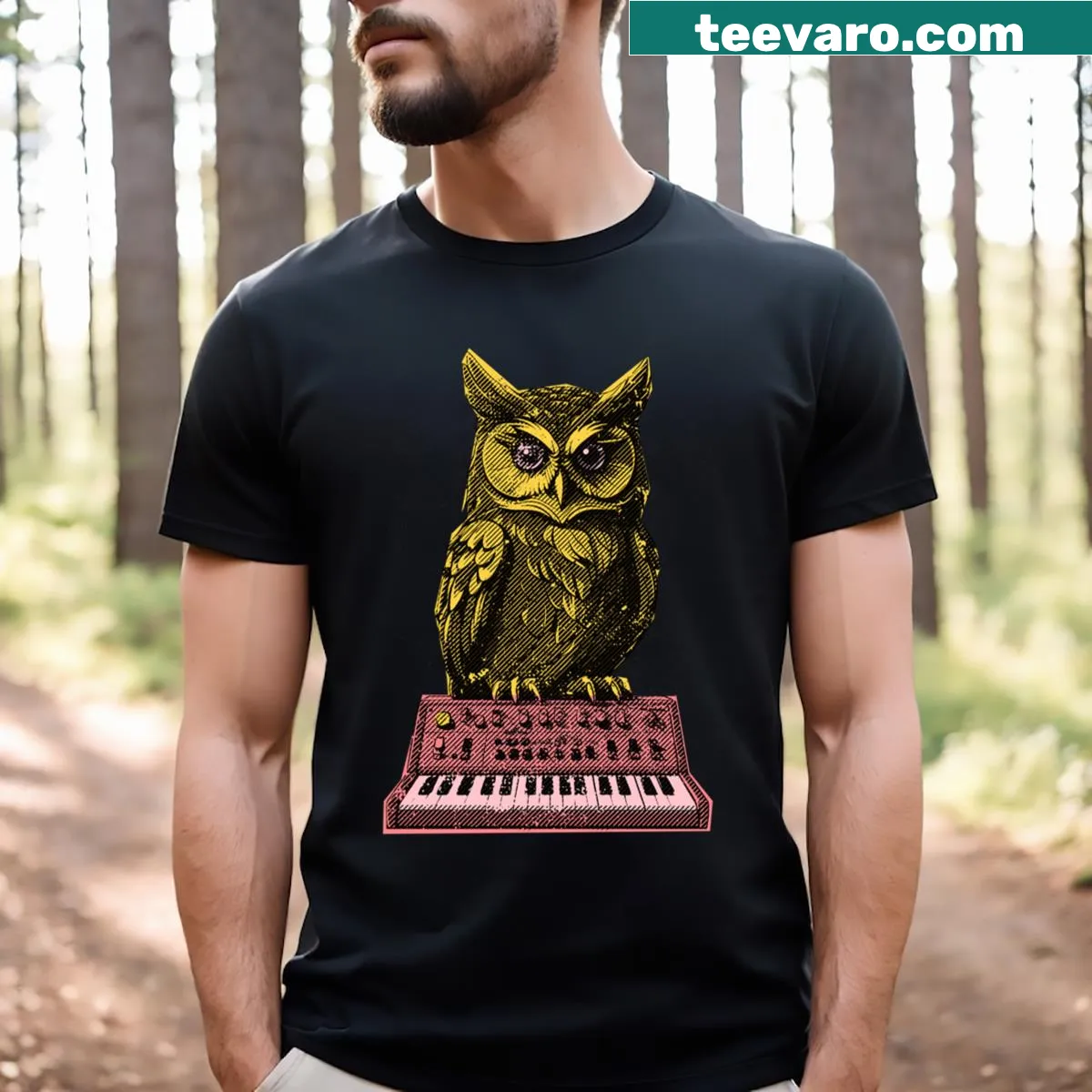 Funny T-shirt featuring an owl on a synthesizer design — on a men's t-shirt