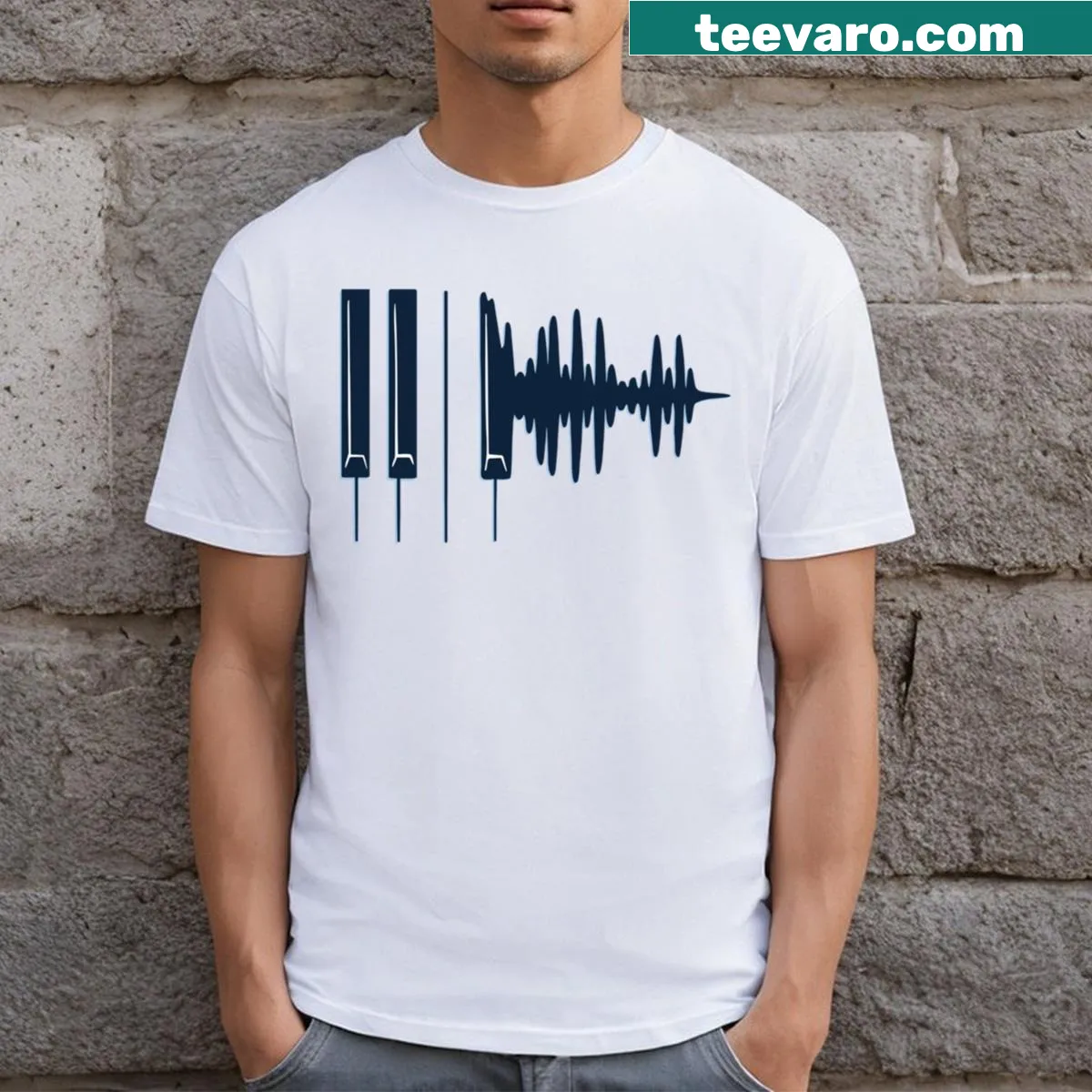 Funny design T-shirt featuring piano keys and witty music-related text. — on a men's t-shirt