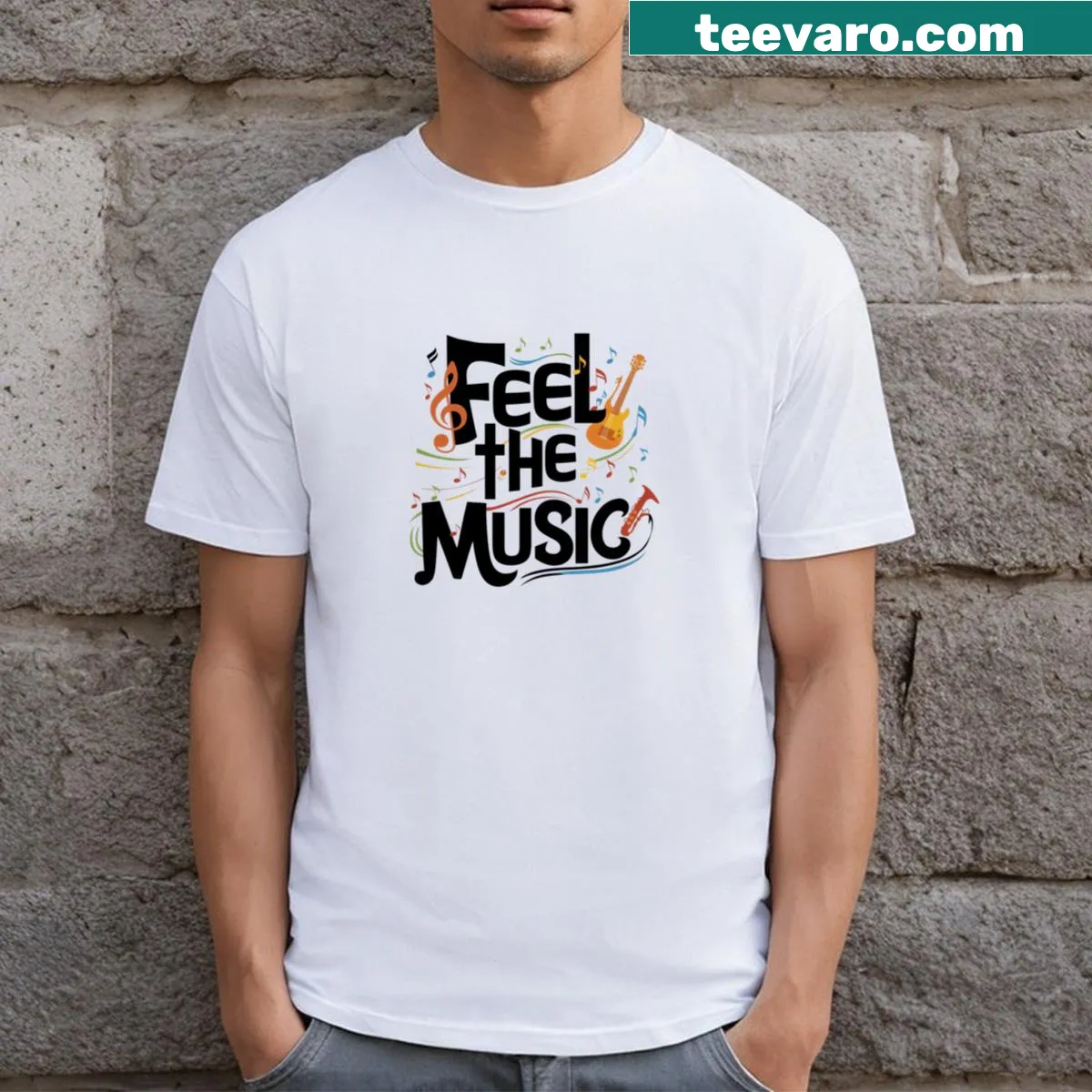Inspirational T-shirt encouraging musicality with design about feeling the music — on a men's t-shirt
