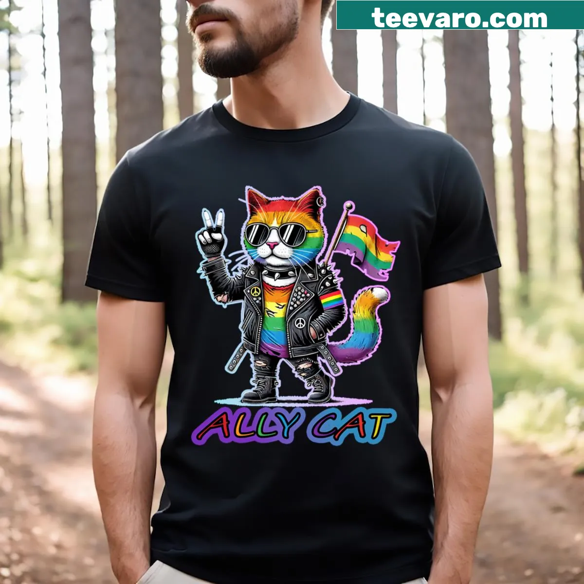 Playful Pride Parade Ally Cat T-shirt — on a men's t-shirt