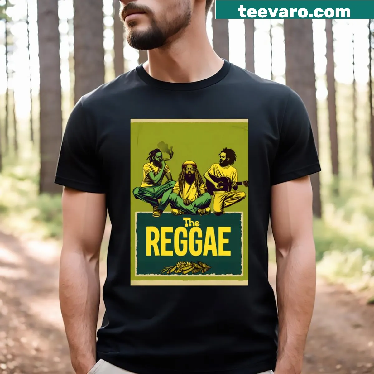 Playful typography celebrating reggae music on T-shirt. — on a men's t-shirt