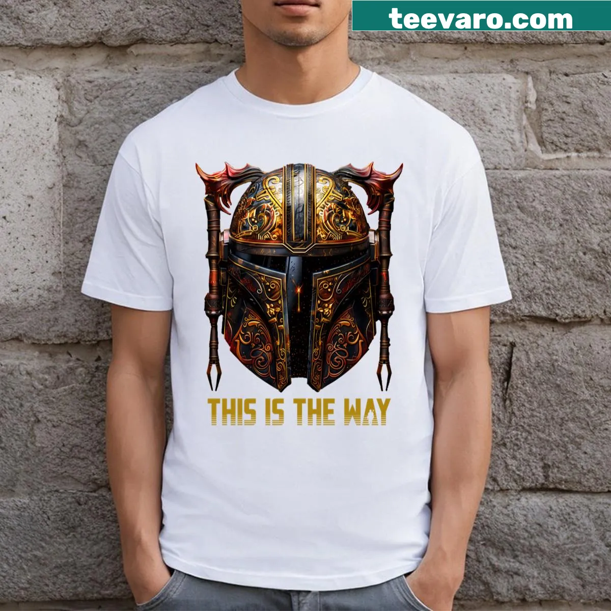 Illustration of Boba Fett helmet with yellow text on T-shirt — on a men's t-shirt
