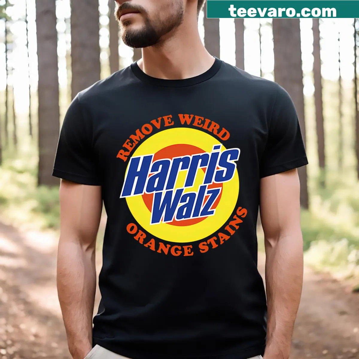 Humorous t-shirt about removing weird orange stains — on a men's t-shirt