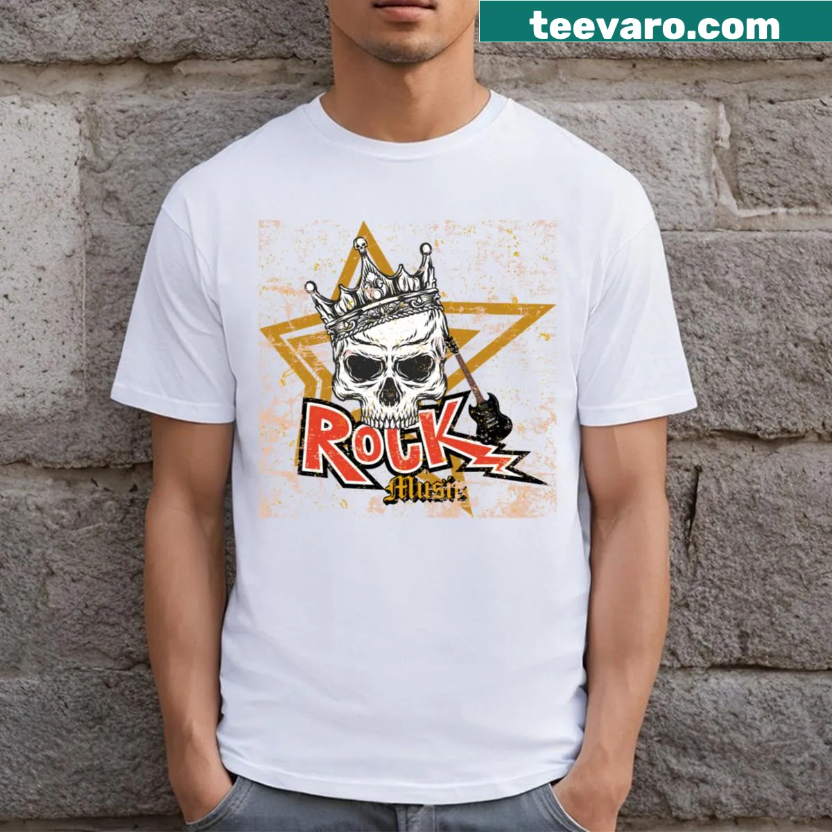 Rock music-themed T-shirt with bold typography — on a men's t-shirt