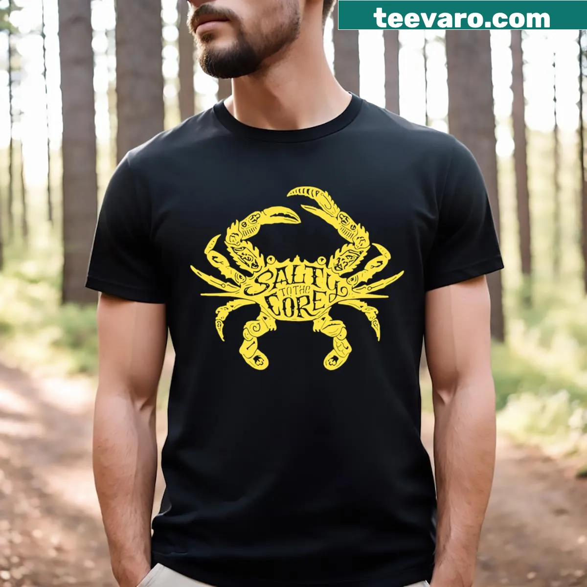 Illustration of a crab with the phrase 'Salty To Core' on a t-shirt — on a men's t-shirt