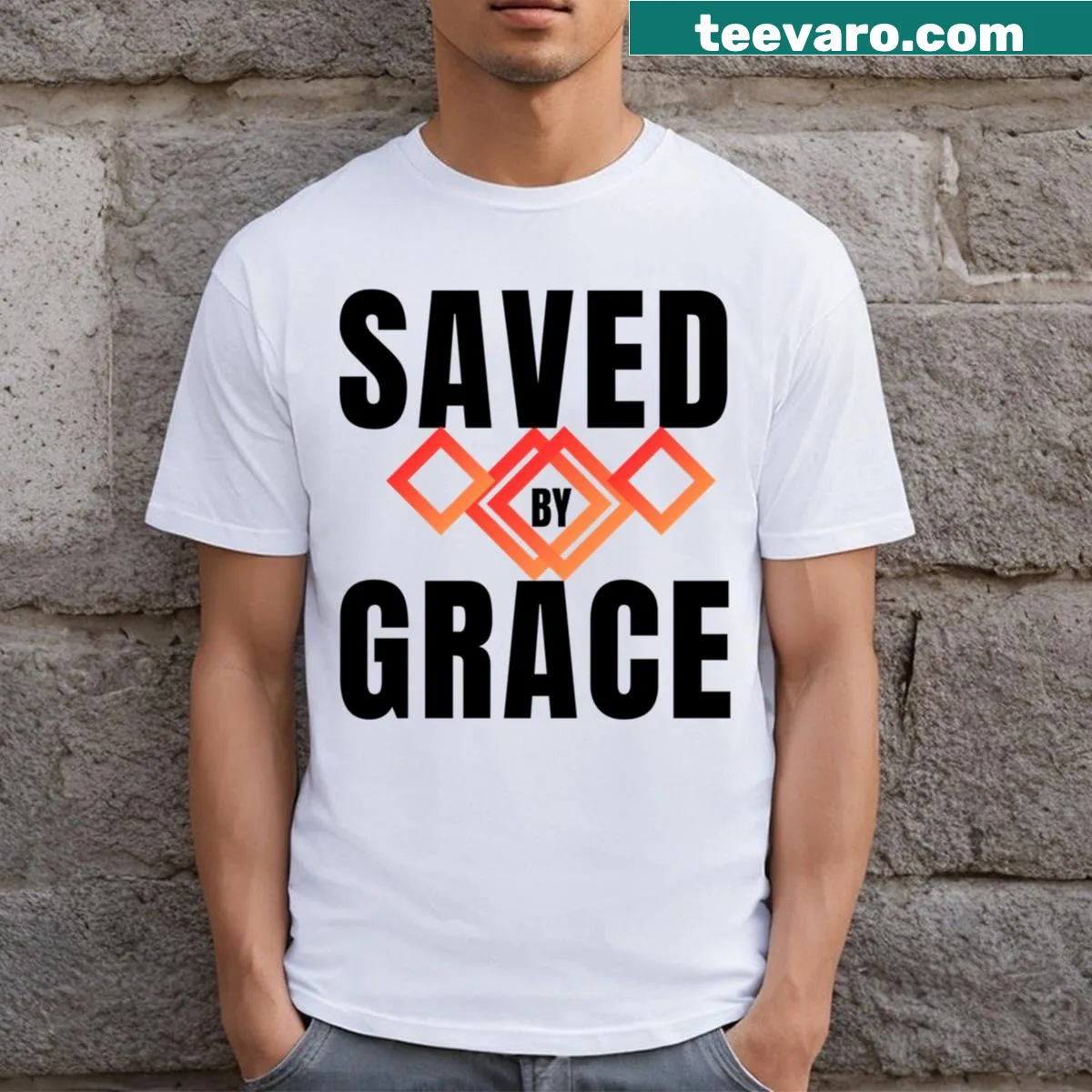 T-shirt with 'Saved By Grace' text in stylish typography — on a men's t-shirt