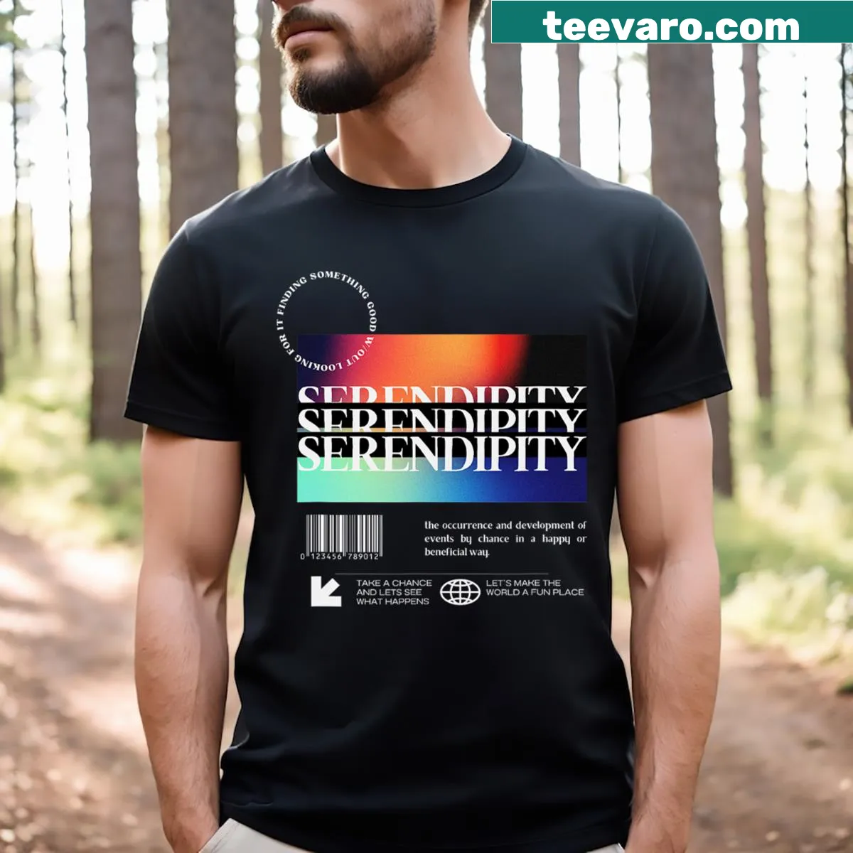 Inspirational T-shirt featuring the word 'Serendipity' — on a men's t-shirt