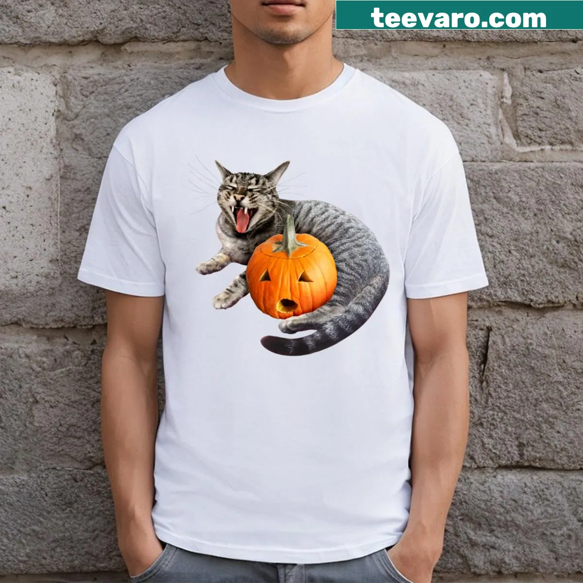 Cartoon of a tabby cat inside a jack-o-lantern on a t-shirt — on a men's t-shirt