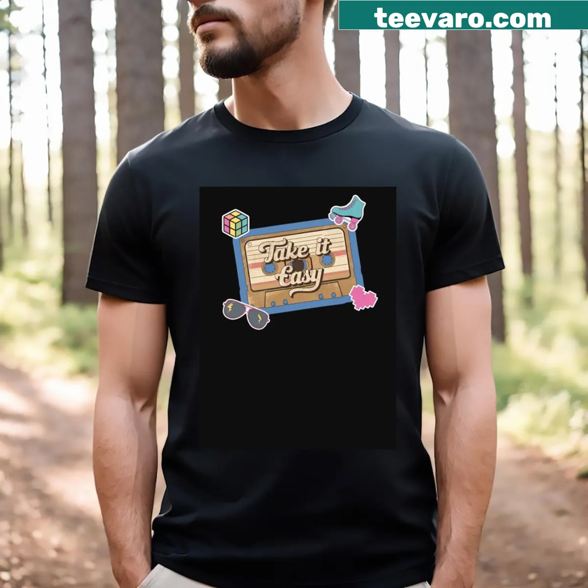 Vintage cassette tape t-shirt with 'Take It Easy' text — on a men's t-shirt