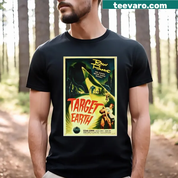 Bold typography design reading 'Target Earth' on a T-shirt