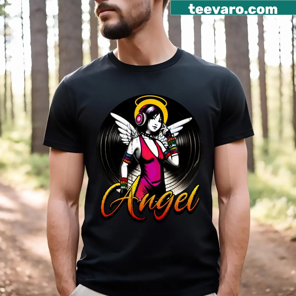Techno music lover t-shirt featuring an angelic graphic — on a men's t-shirt