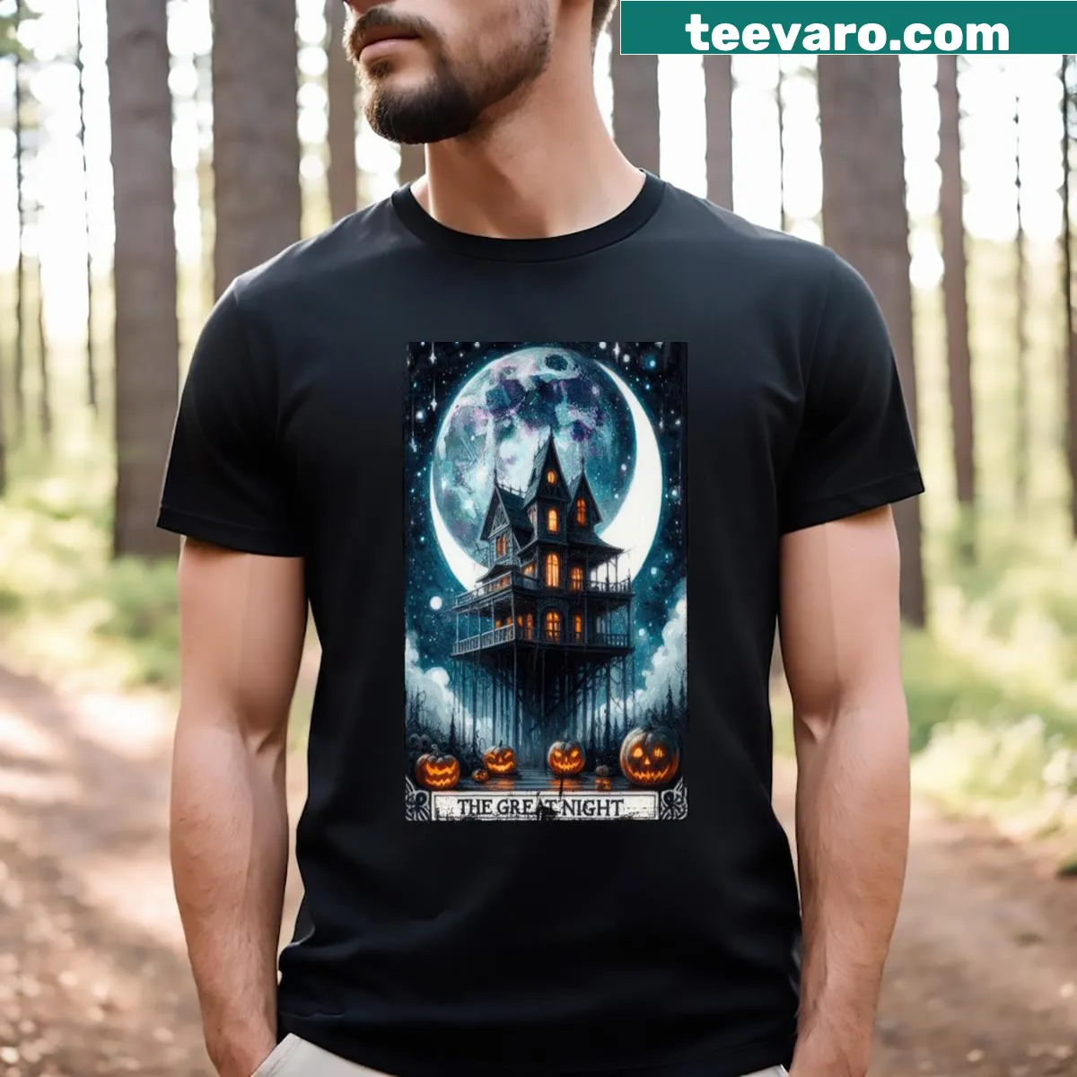 Illustrated Halloween Tarot design featuring creatures and magic elements — on a men's t-shirt