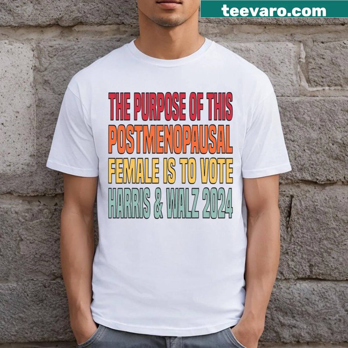 Funny phrase about menopause on Harris Walz T-shirt — on a men's t-shirt