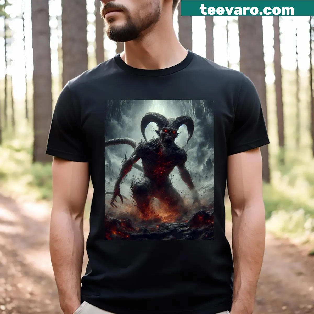 Bold graphic tee featuring intricate demon imagery — on a men's t-shirt