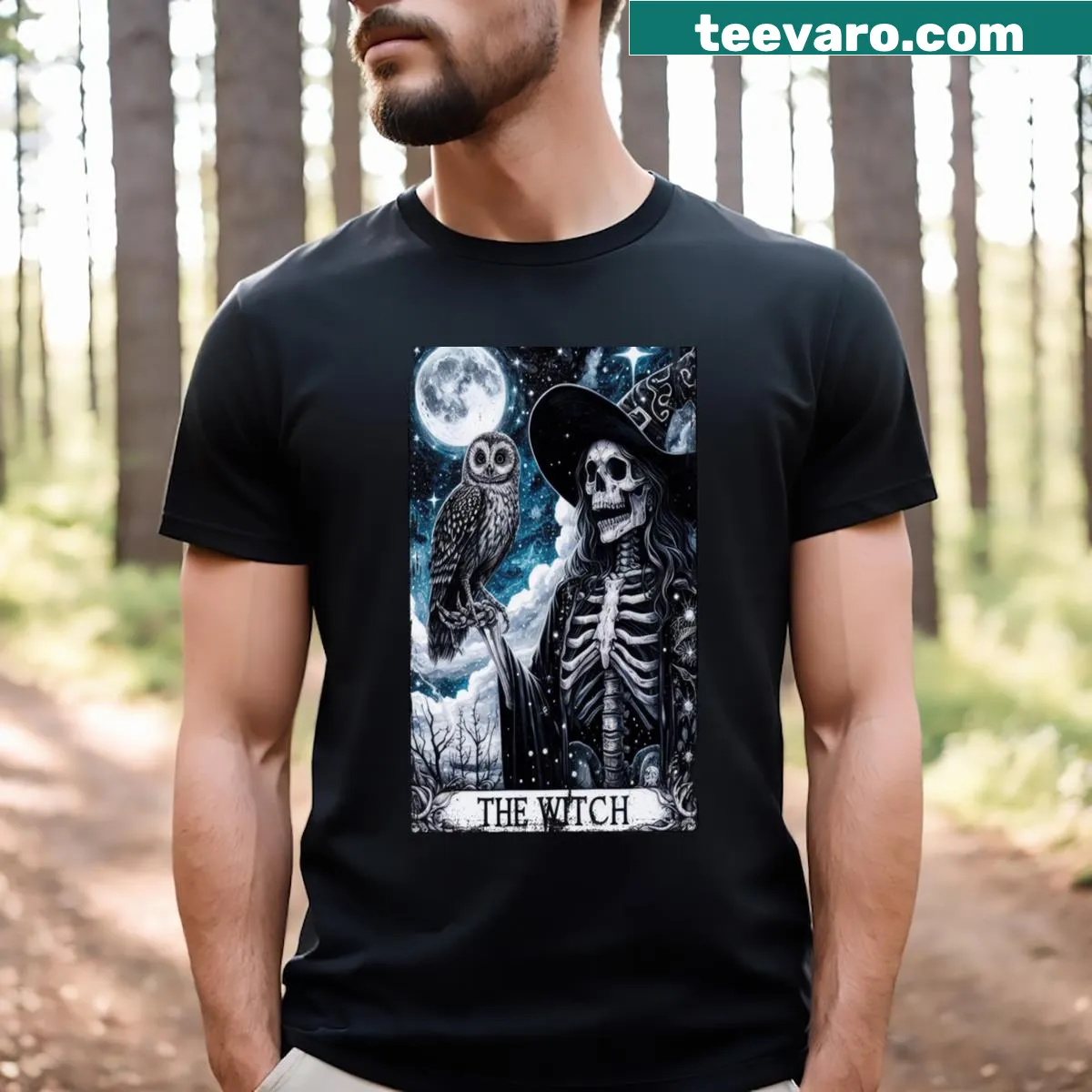 Illustrated Halloween T-shirt featuring tarot imagery and magical themes. — on a men's t-shirt