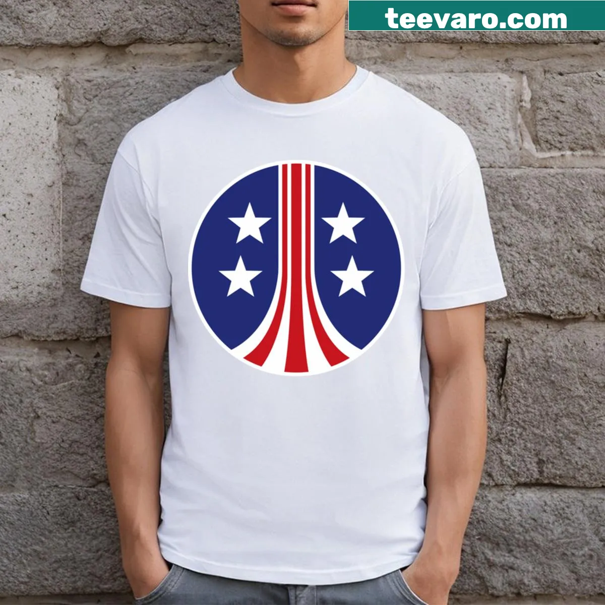 Round t-shirt with a Colonial Marines emblem — on a men's t-shirt