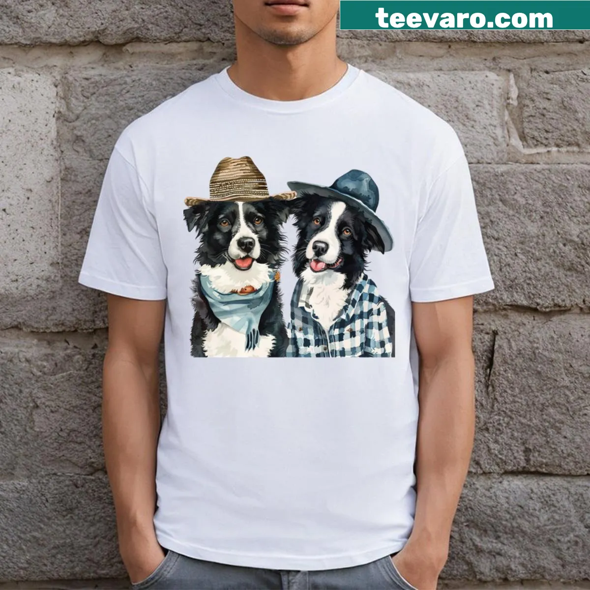 Vintage style shirt featuring Border Collies and farming imagery — on a men's t-shirt