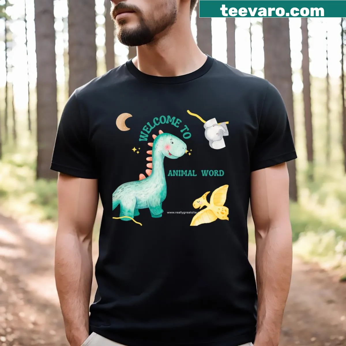 Happy dinosaurs under a crescent moon graphic T-shirt — on a men's t-shirt