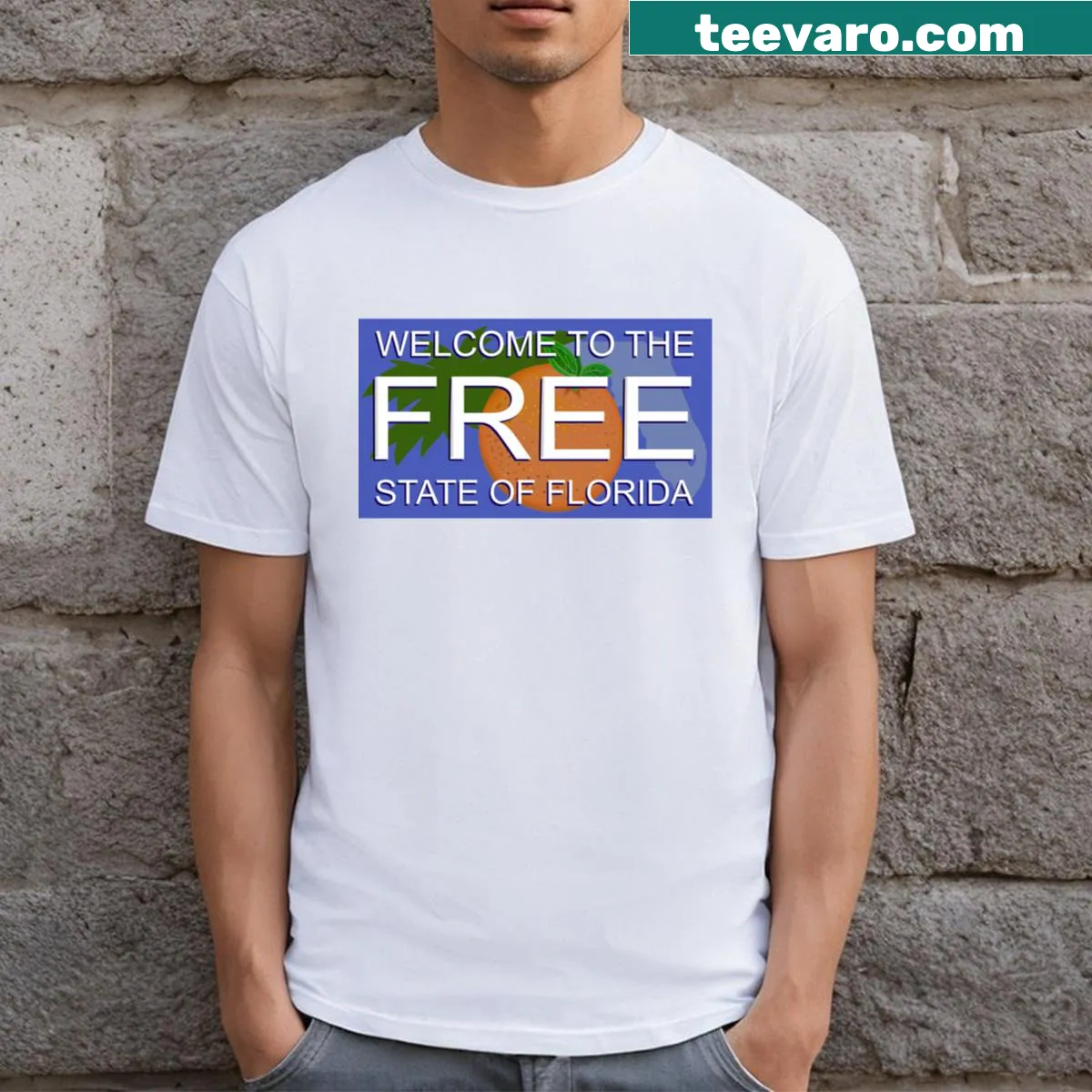 Text graphic t-shirt that says 'Welcome To Free Florida' — on a men's t-shirt