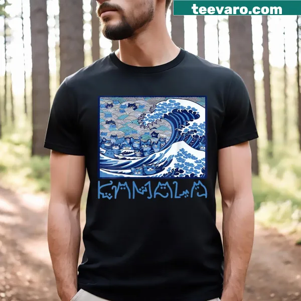 Funny illustration of waving cats supporting Kamala on a v-neck t-shirt