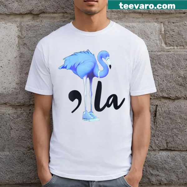 Whimsical flamingo graphic with playful text on a T-shirt.